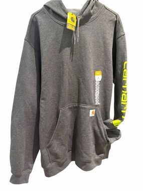 Carhartt Dark Gray Hooded Sweatshirt with Neon Yellow Sleeve Logo